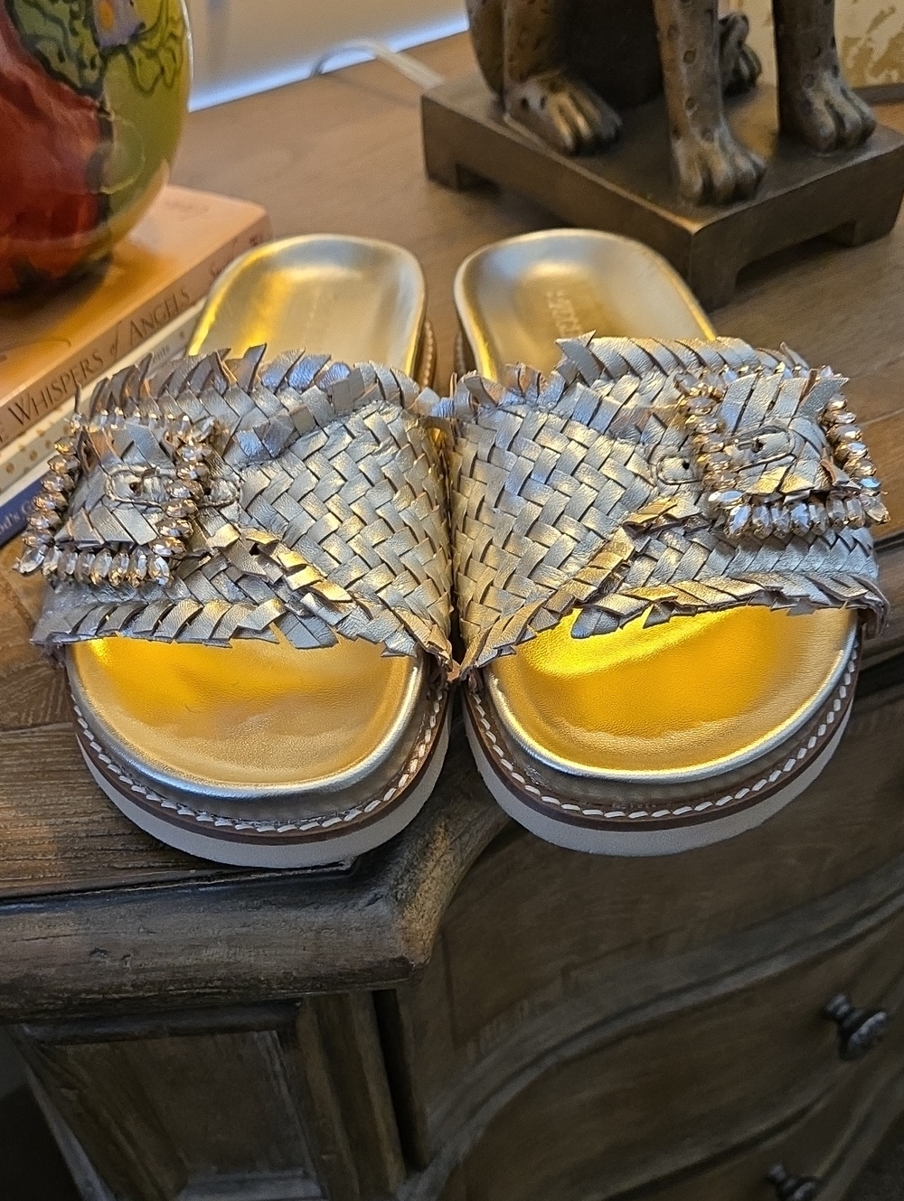 Italian Leather Woven Metallic Gold Slide Sandals  Decorative Buckle - Like  New